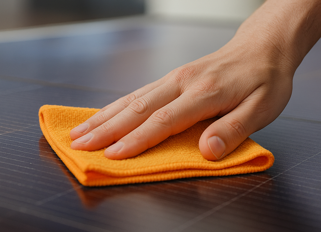 ChatGPT Image 26. Juni 2025, 16_46_53 Hand die ein Solarmodul mit einem Lappen putzt